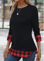 Red Patchwork Plaid Long Sleeve Round Neck T Shirt | thumb picture 