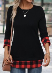 Red Patchwork Plaid Long Sleeve Round Neck T Shirt | thumb picture 