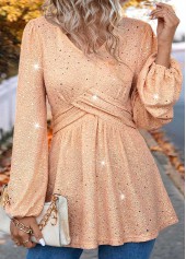 Light Pink Hot Stamping Long Sleeve V Neck Blouse