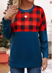 Navy Patchwork Plaid Long Sleeve Round Neck Sweatshirt