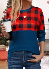 Navy Patchwork Plaid Long Sleeve Round Neck Sweatshirt