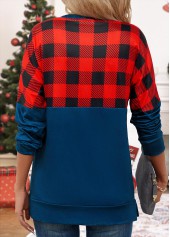 Navy Patchwork Plaid Long Sleeve Round Neck Sweatshirt