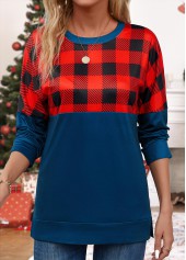Navy Patchwork Plaid Long Sleeve Round Neck Sweatshirt