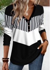 Black Button Geometric Print Long Sleeve T Shirt