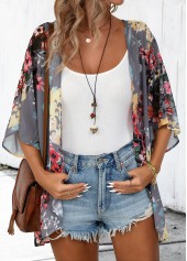 Dark Grey Floral Print 3/4 Sleeve Light Cardigan