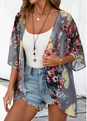 Dark Grey Floral Print 3/4 Sleeve Light Cardigan | thumb picture 