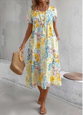 Yellow Pocket Floral Print A Line Short Sleeve Dress