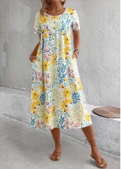 Yellow Pocket Floral Print A Line Short Sleeve Dress | thumb picture 