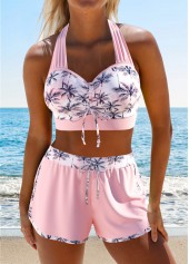 Drawstring Tropical Plants Print Light Pink Bikini Set