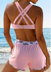 Drawstring Tropical Plants Print Light Pink Bikini Set | thumb picture 