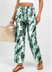 Green Pocket Feathers Print Elastic Waist High Waisted Pants