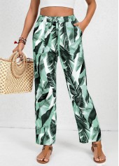 Green Pocket Feathers Print Elastic Waist High Waisted Pants