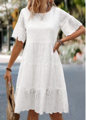 White Ruched Short Sleeve Round Neck Dress