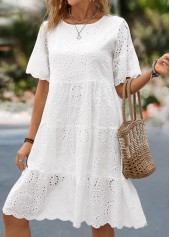 White Ruched Short Sleeve Round Neck Dress | thumb picture 