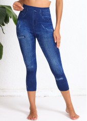 Denim Blue Denim-effect Print High Waisted Capri Leggings | thumb picture 