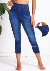 Denim Blue Denim-effect Print High Waisted Capri Leggings