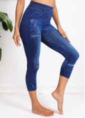 Denim Blue Denim-effect Print High Waisted Capri Leggings | thumb picture 