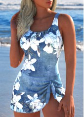Tie Floral Print Denim Blue One Piece Swimdress | thumb picture 