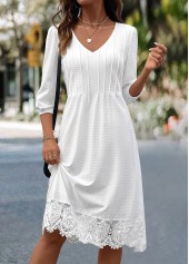 White Patchwork A Line 3/4 Sleeve V Neck Dress