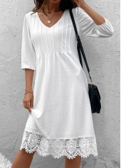 White Patchwork A Line 3/4 Sleeve V Neck Dress | thumb picture 