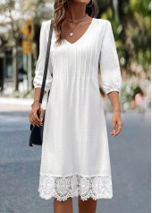 White Patchwork A Line 3/4 Sleeve V Neck Dress | thumb picture 