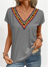 Grey Patchwork Tribal Print Short Sleeve T Shirt | thumb picture 