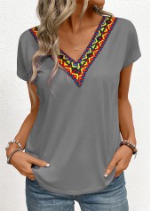 Grey Patchwork Tribal Print Short Sleeve T Shirt