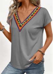 Grey Patchwork Tribal Print Short Sleeve T Shirt | thumb picture 