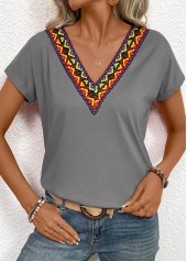 Grey Patchwork Tribal Print Short Sleeve T Shirt | thumb picture 