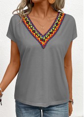 Grey Patchwork Tribal Print Short Sleeve T Shirt | thumb picture 