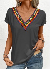 Dark Grey Patchwork Tribal Print Short Sleeve T Shirt