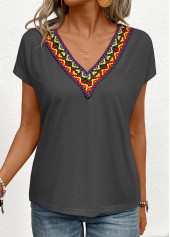 Dark Grey Patchwork Tribal Print Short Sleeve T Shirt | thumb picture 
