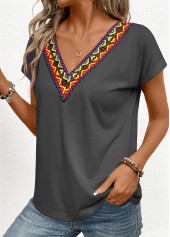 Dark Grey Patchwork Tribal Print Short Sleeve T Shirt | thumb picture 