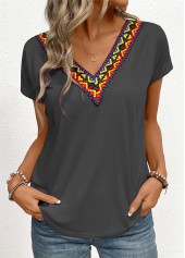 Dark Grey Patchwork Tribal Print Short Sleeve T Shirt | thumb picture 