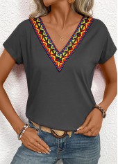 Dark Grey Patchwork Tribal Print Short Sleeve T Shirt | thumb picture 