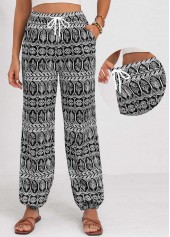 Black Drawstring Tribal Print Jogger Elastic Waist Pants