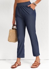 Navy Smocked Elastic Waist High Waisted Pants