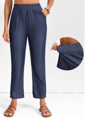 Navy Smocked Elastic Waist High Waisted Pants