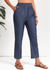 Navy Smocked Elastic Waist High Waisted Pants