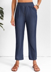 Navy Smocked Elastic Waist High Waisted Pants