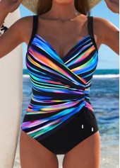 Surplice Dazzle Colorful Print Black One Piece Swimwear