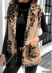 Light Coffee Patchwork Leopard Sleeveless Turn Down Collar Waistcoat
