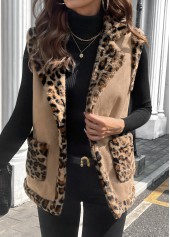 Light Coffee Patchwork Leopard Sleeveless Turn Down Collar Waistcoat | thumb picture 