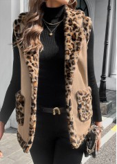 Light Coffee Patchwork Leopard Sleeveless Turn Down Collar Waistcoat | thumb picture 
