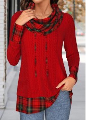 Christmas Red Patchwork Plaid Long Sleeve Cowl Neck Sweatshirt