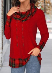 Christmas Red Patchwork Plaid Long Sleeve Cowl Neck Sweatshirt | thumb picture 