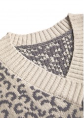 Light Camel Patchwork Leopard Long Sleeve V Neck Sweater | thumb picture 