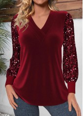Wine Red Velvet Long Sleeve V Neck T Shirt