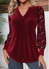 Wine Red Velvet Long Sleeve V Neck T Shirt | thumb picture 