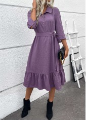 Dusty Purple Button A Line Belted 3/4 Sleeve Dress | thumb picture 